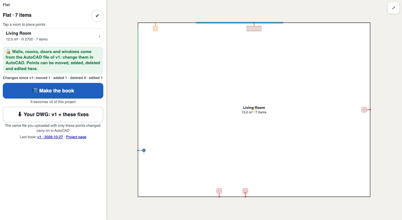 Plan mode on an uploaded DWG: walls locked, points editable, “Your DWG: v1 + these fixes”